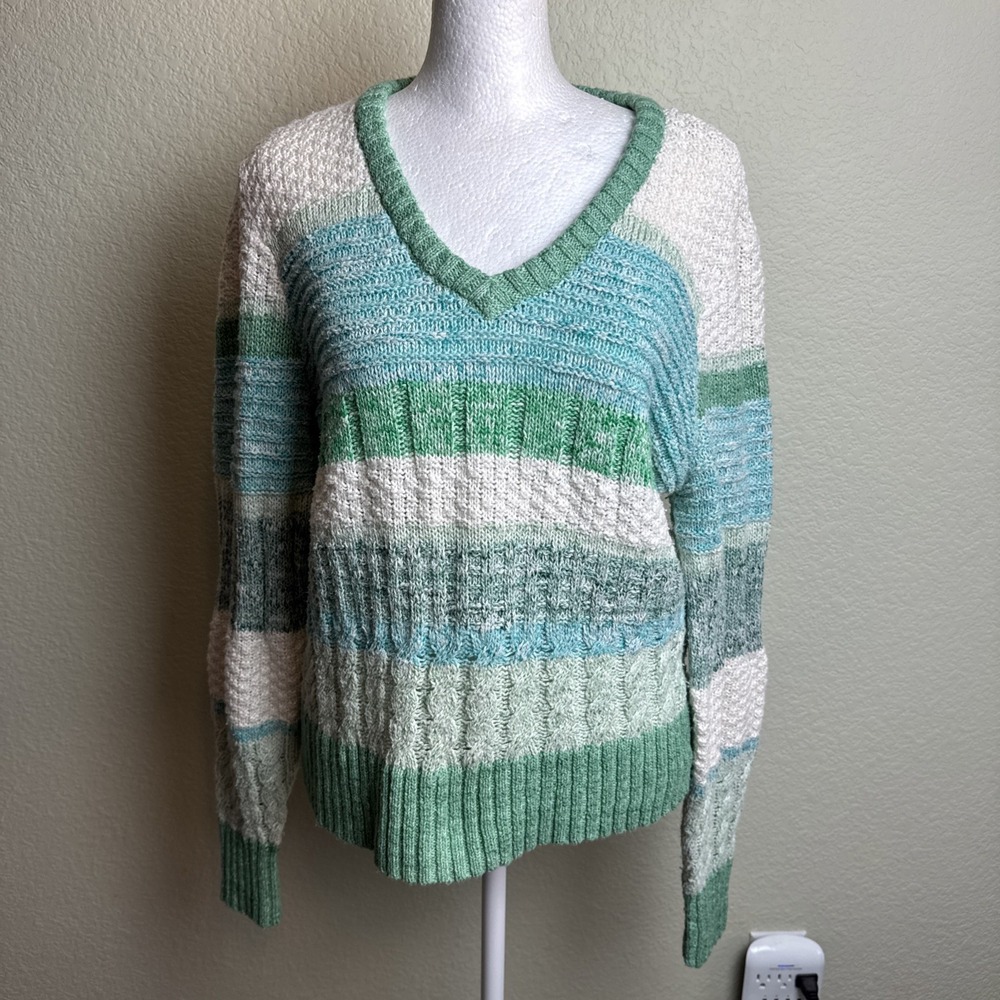 Cabi Striped Sweater Womens Medium Green Blue White Cable Knit Long Sleeve VNeck